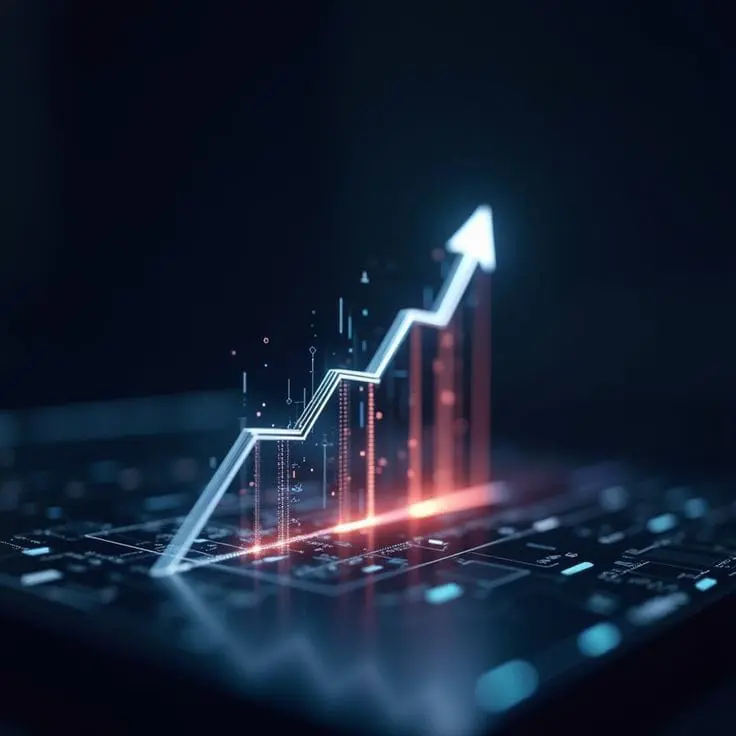 A futuristic digital growth chart showing rising business performance and success.