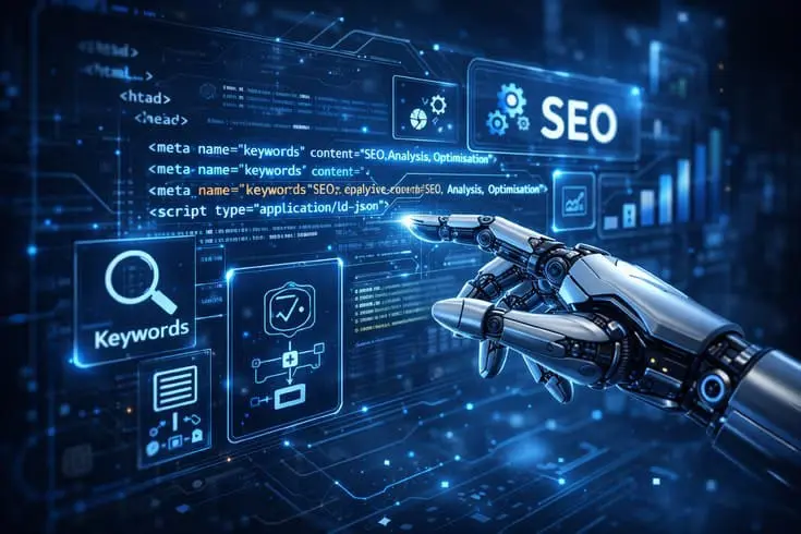 Futuristic AI SEO technology with a robotic hand, keyword research, analytics, coding, and glowing blue digital interfaces.
