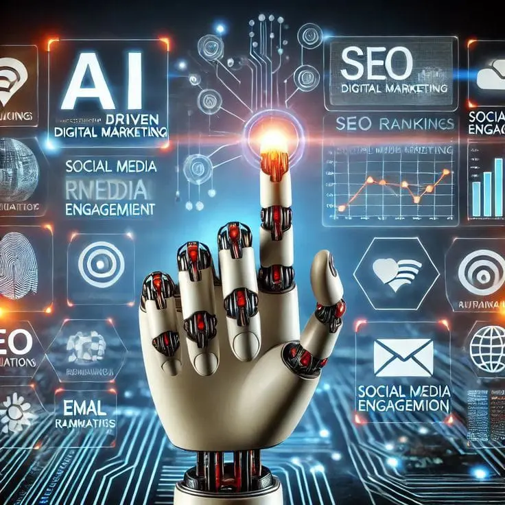 AI-driven digital marketing with a robotic hand, SEO analytics, social media engagement, and glowing futuristic data interfaces.