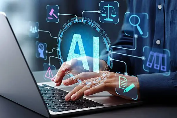 A modern AI technology concept showing a person using a laptop with digital AI and technology icons.
