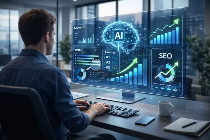 AI-powered SEO analytics dashboard showing keyword research, website traffic, rankings, and rising performance charts in a modern office.
