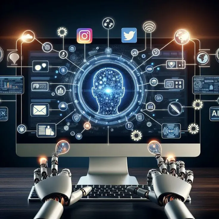 AI-powered social media marketing with robotic hands, social media icons, digital connectivity, and a futuristic analytics interface.