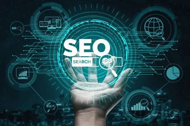 A futuristic SEO concept featuring a digital search interface, analytics icons, and a hand holding a glowing SEO symbol.