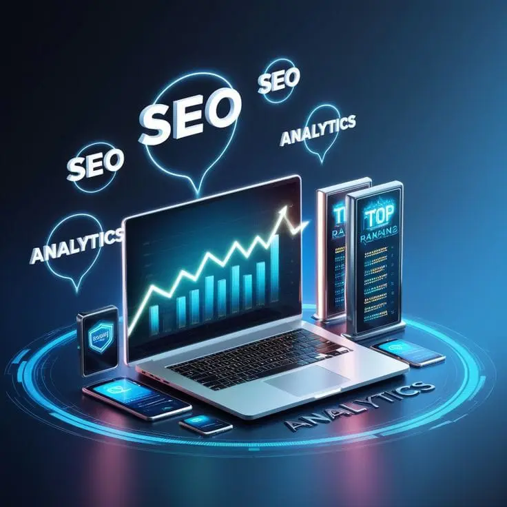 A modern SEO setup featuring a laptop, analytics charts, search rankings, and digital marketing tools.