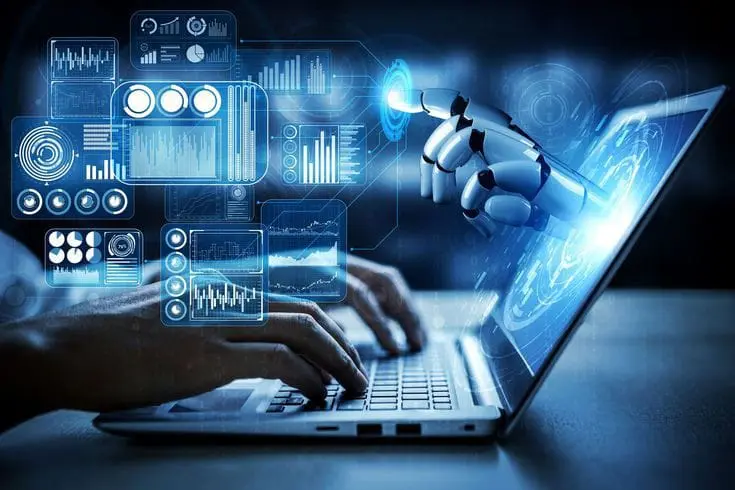 A futuristic AI and digital technology concept featuring a human working on a laptop with advanced analytics interfaces.