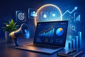 Digital marketing setup with a laptop, analytics dashboard, megaphone, social media icons, and growth charts.