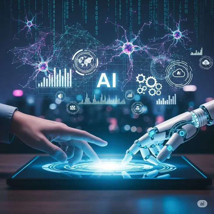 AI technology concept showing human–robot interaction, digital networks, data analytics, and futuristic AI graphics.