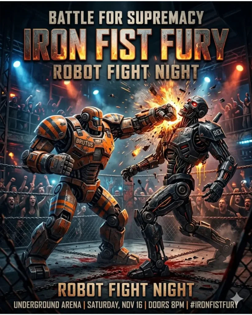 Promotional poster for "Battle for Supremacy: Iron Fist Fury Robot Fight Night" featuring two futuristic robots fighting inside an arena with crowds and bright stadium lights.