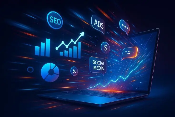 Digital marketing concept featuring SEO, ads, social media, analytics charts, and a futuristic laptop interface.