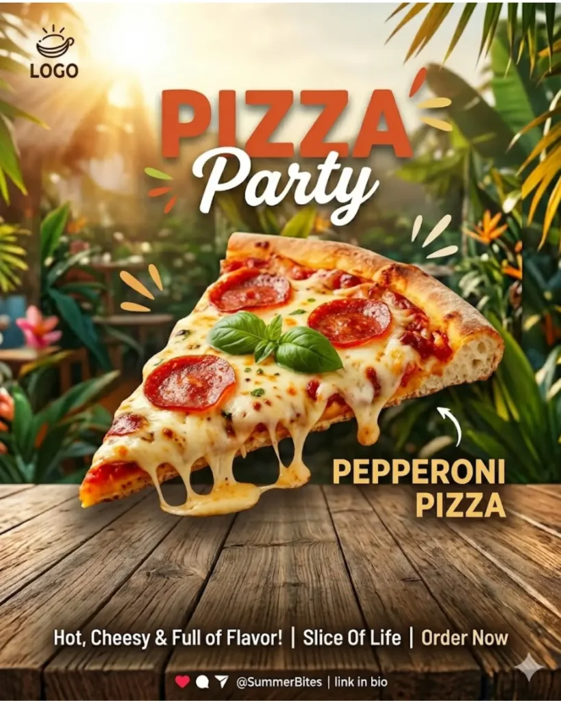 Pizza Party poster showcasing a slice of hot, cheesy pepperoni pizza on a wooden surface.