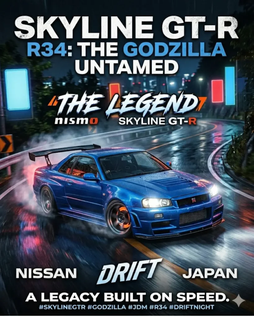 Graphic poster of a blue Nissan Skyline GT-R R34 drifting at night with text overlay.