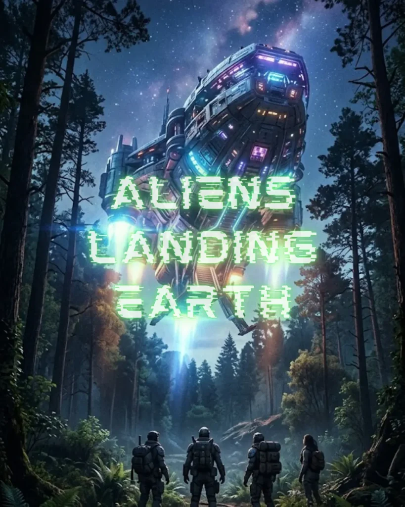 Futuristic spaceship landing in a forest with "Aliens Landing Earth" text overlay.