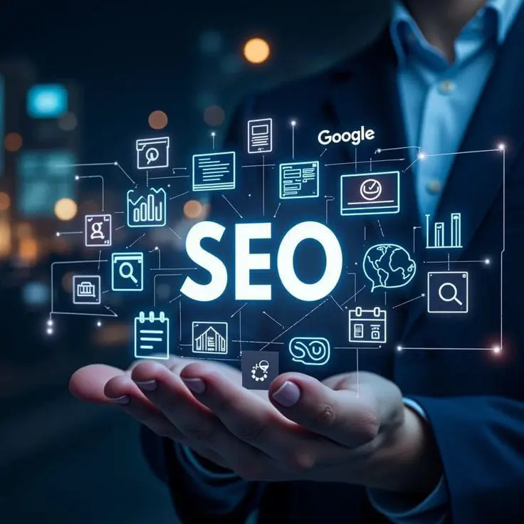 SEO digital marketing concept with a business professional, glowing SEO graphics, Google icons, analytics, and search-related symbols.